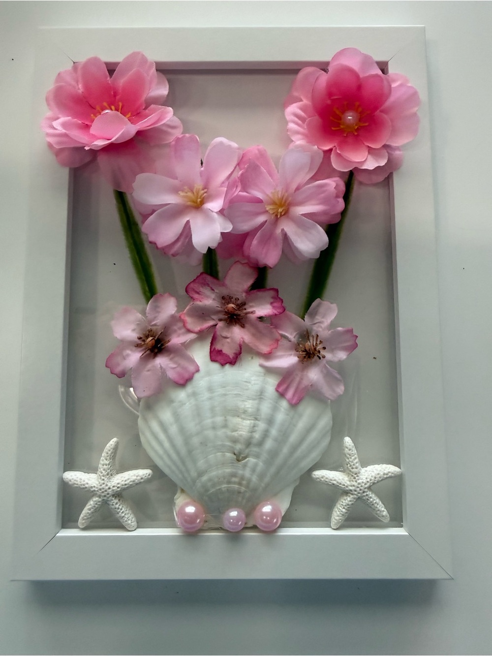 3D Pink Floral Seashell Wall Decor 6”x8” frame